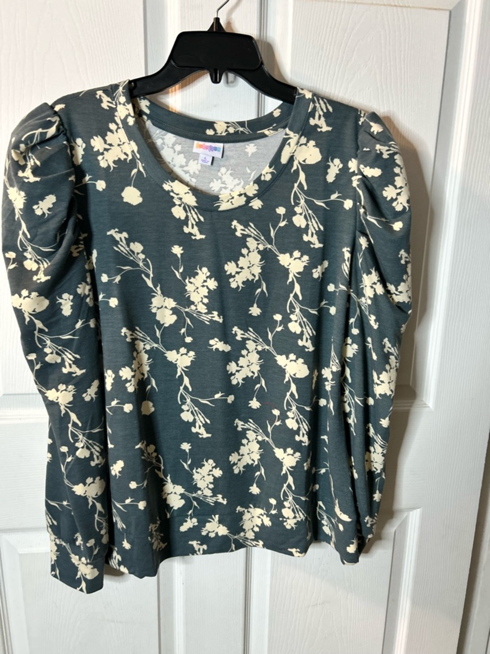Floral Puff-Sleeve Long Sleeve Top - Cream on Dark blue/gray background